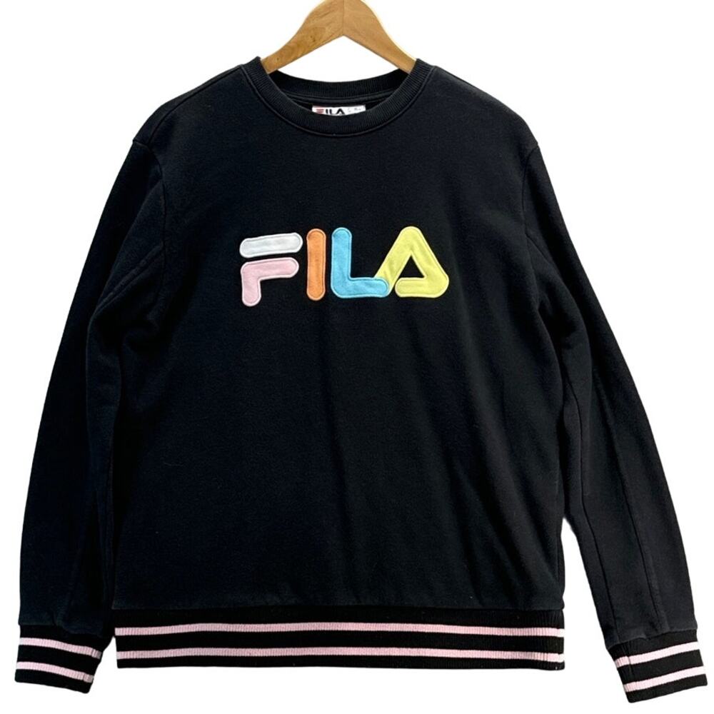 FILA Black Pastel Rainbow Logo Crewneck Retro 90s Sweatshirt Women Large
